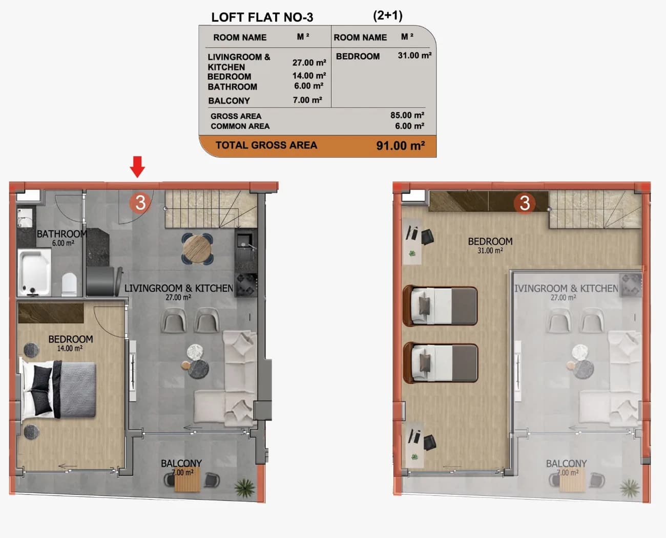 Kat planı — 2+1 Loftlar